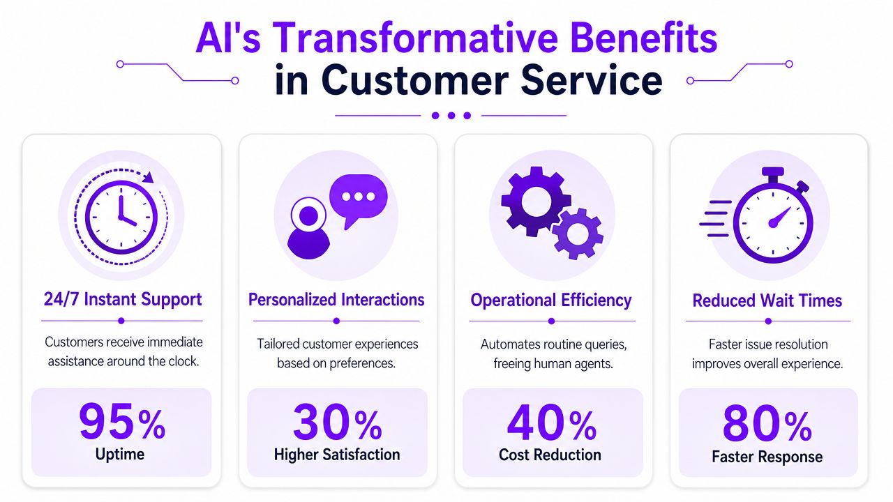 An infographic showing four key benefits of AI in customer service including support, personalization, efficiency, and speed.