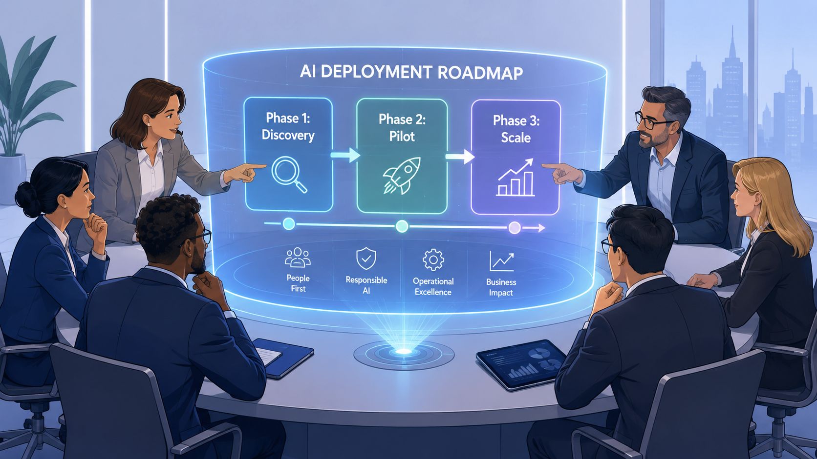 A professional team in a meeting room reviewing an AI deployment roadmap projected on a holographic display.