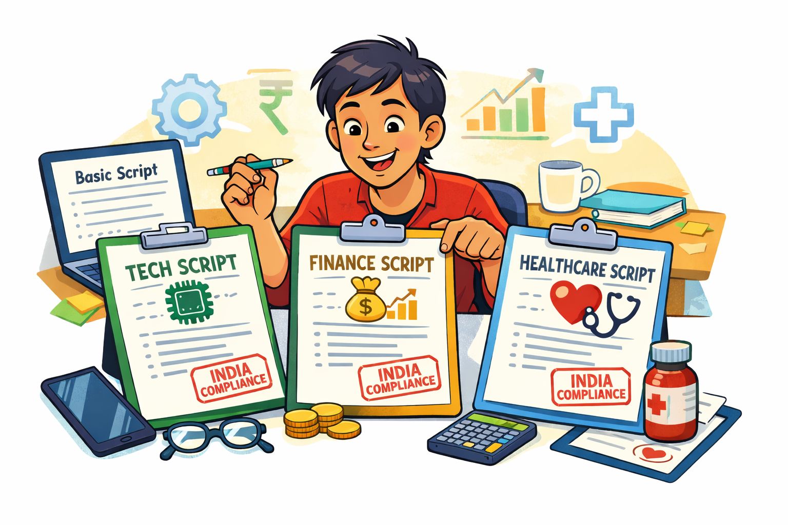 A person organizing compliance scripts for technology, finance, and healthcare industries while working at a desk.