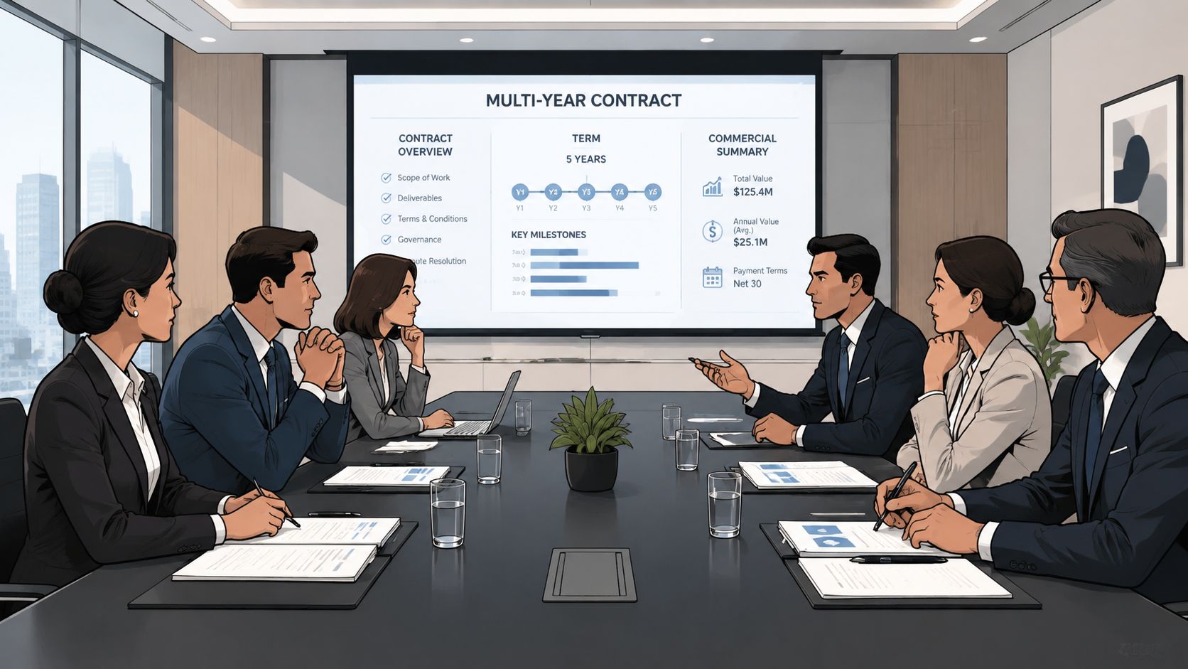 A diverse team of professionals in business attire engaging in a collaborative meeting inside a modern boardroom.