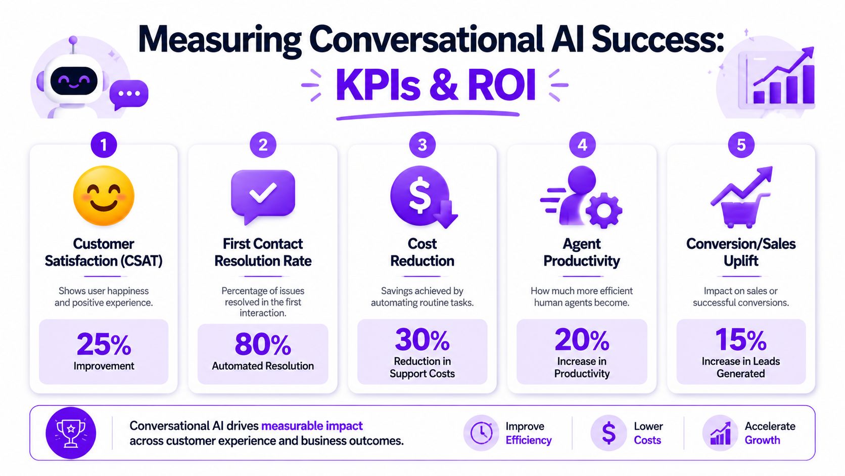 An infographic showing five key performance indicators for measuring conversational AI success and business ROI.