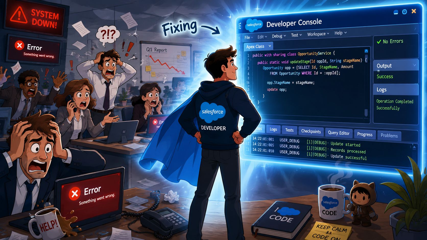 A Salesforce developer in a hero cape fixes a system crash in an office full of stressed employees.
