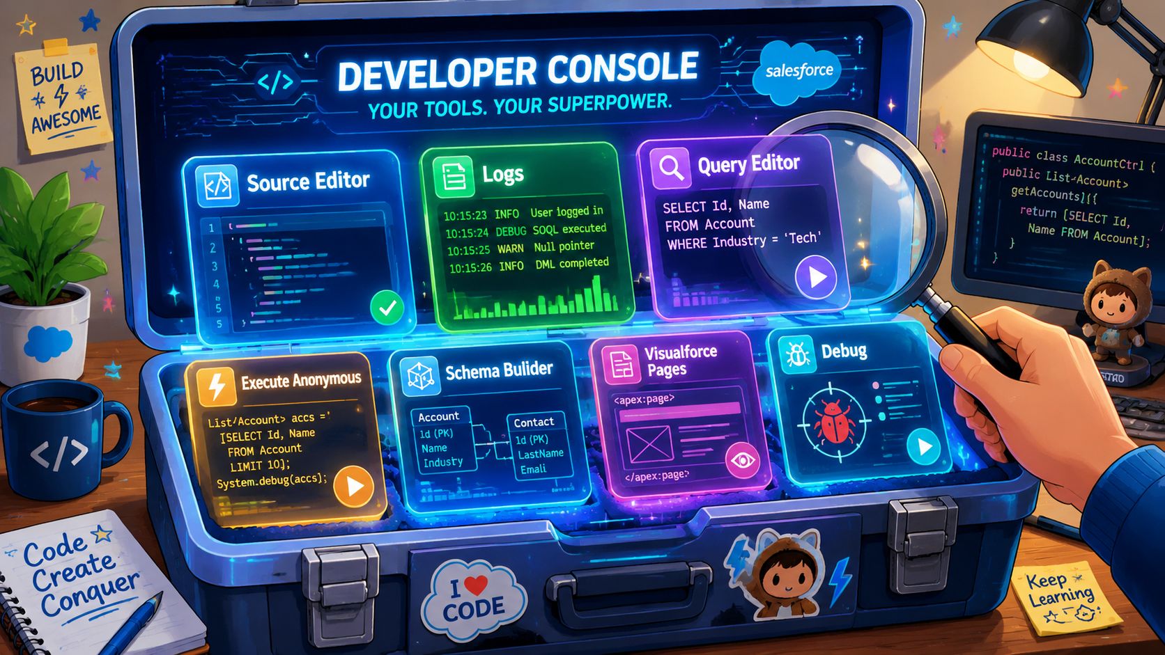 A digital illustration of a Salesforce Developer Console inside a toolbox with icons for coding tools.