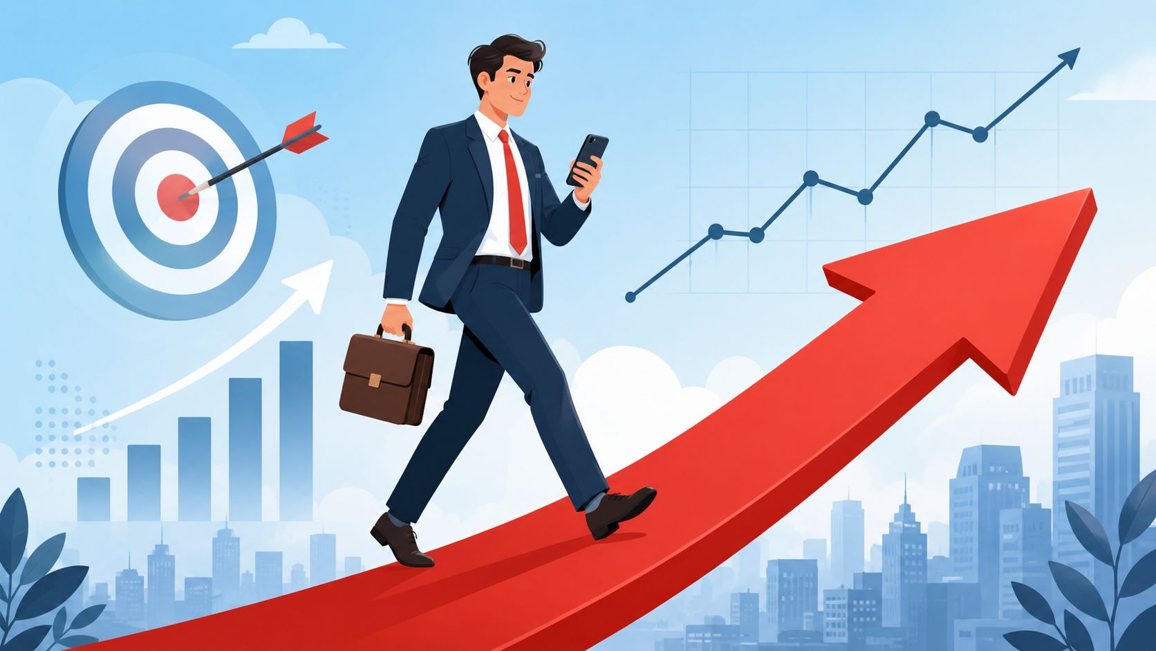 A businessman walks along an upward arrow, surrounded by symbols of business strategy and growth.