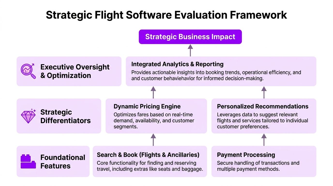 A hierarchy chart showing the Strategic Flight Software Evaluation Framework for airlines with three distinct levels.