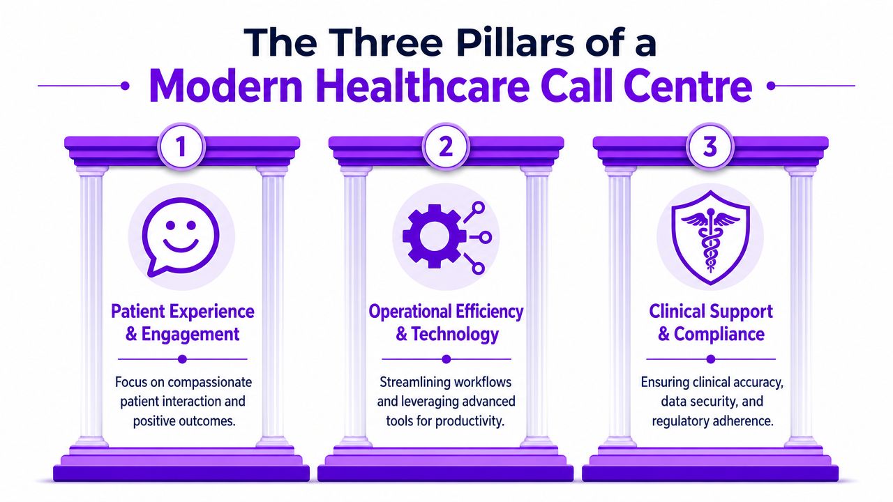 A diagram illustrating the three essential pillars of a modern healthcare call center: patient experience, operational efficiency, and compliance.