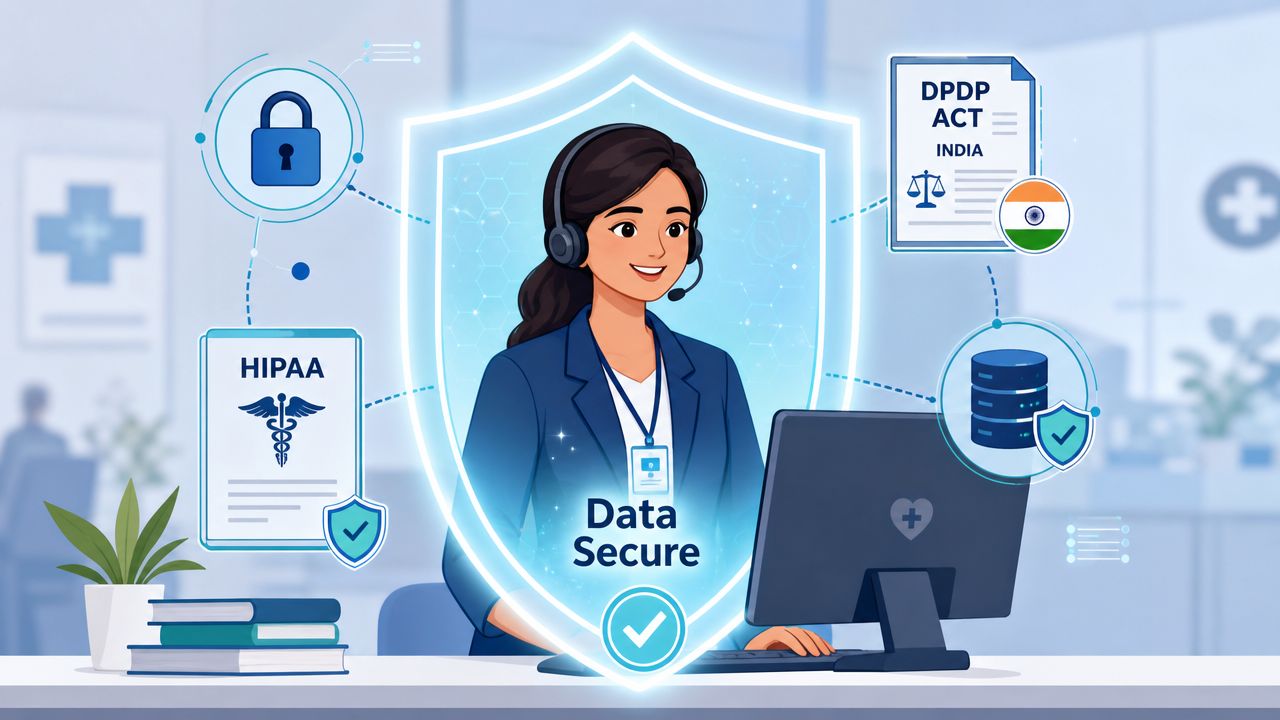 A professional woman in a headset working at a computer in a secure healthcare data environment.