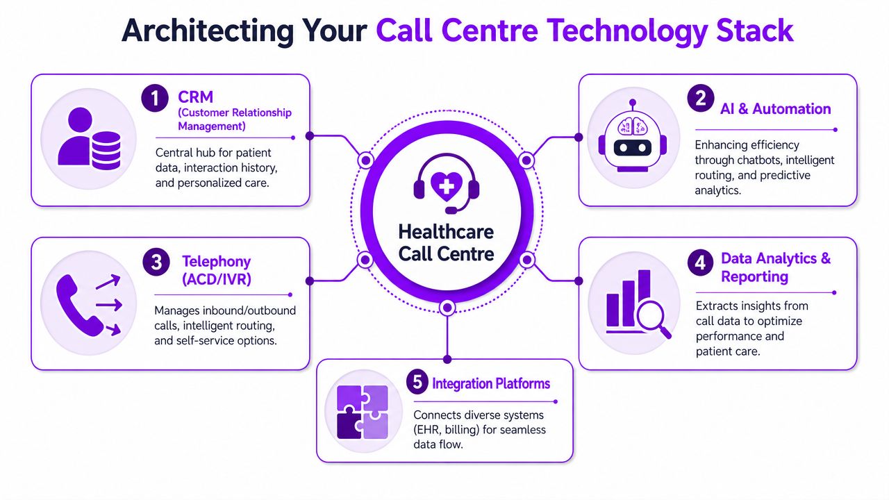 A diagram illustrating the five essential components for architecting a modern healthcare call center technology stack.