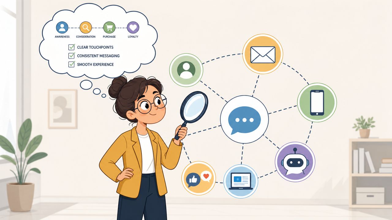A woman using a magnifying glass to analyze various digital customer communication channels and customer journey steps.