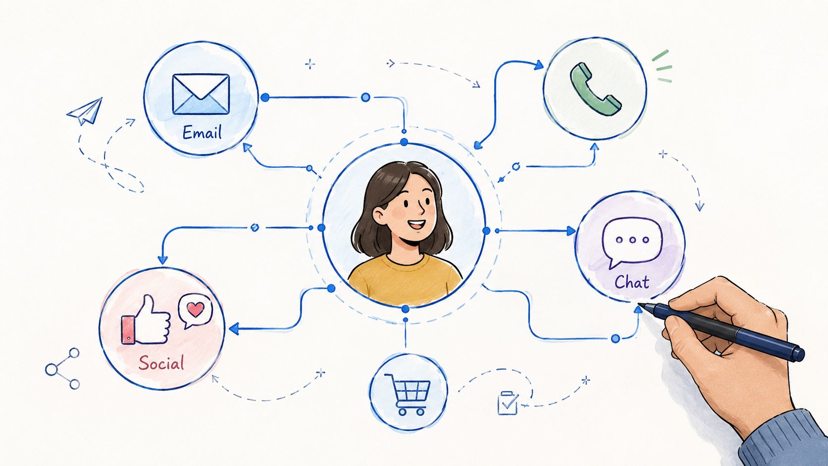 An illustration showing a central person connected to various digital customer service and communication channels.