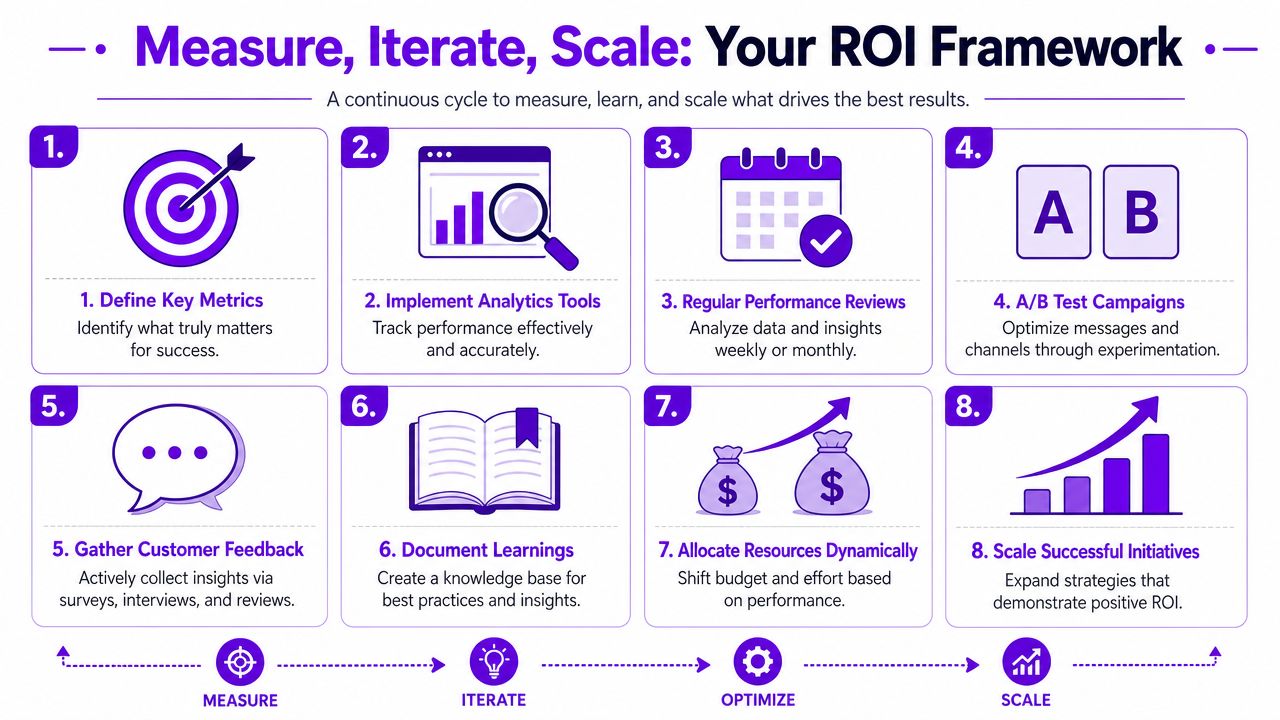A diagram illustrating an 8-step framework for measuring, iterating, and scaling to achieve optimal business results.