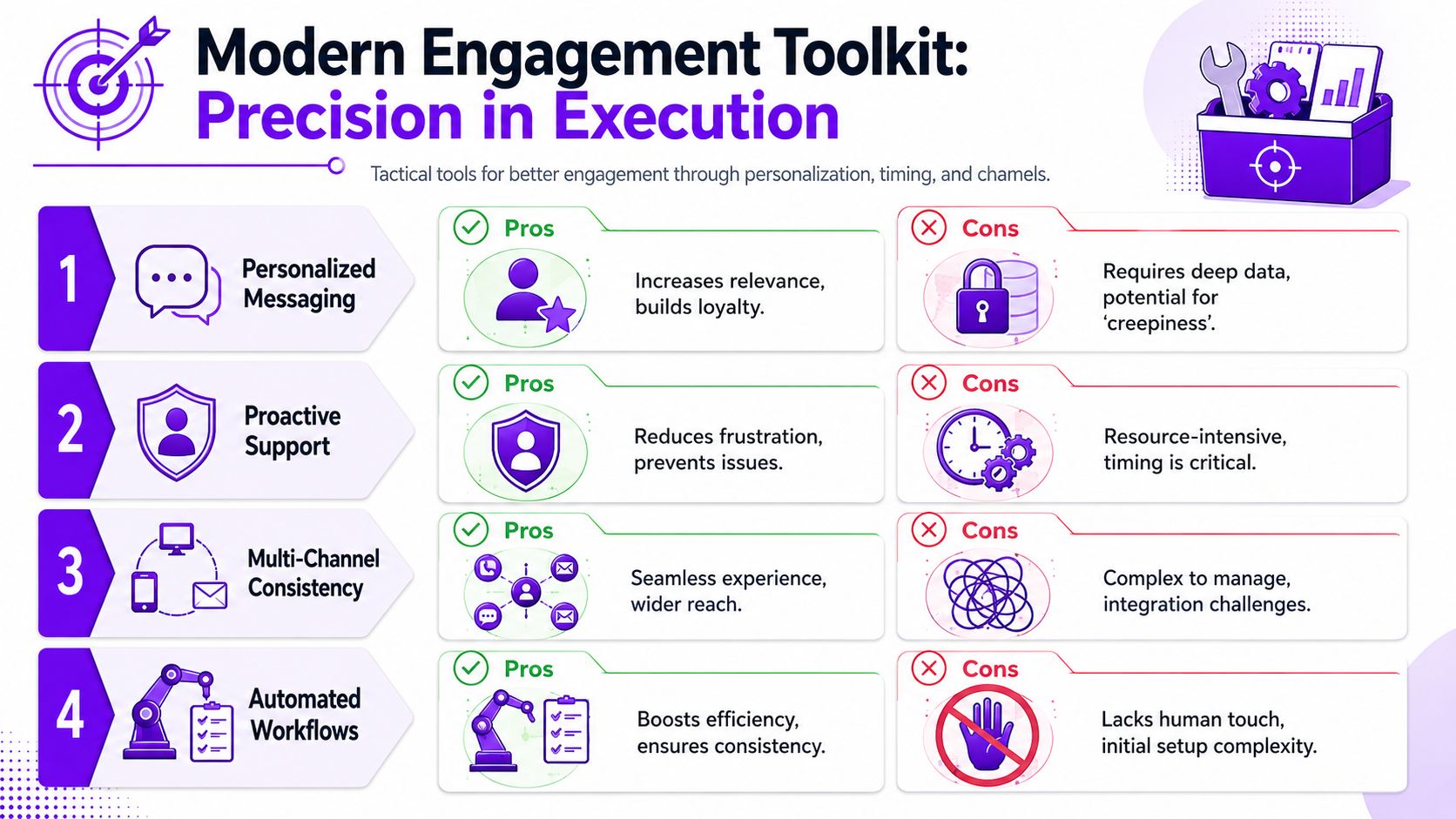 A modern engagement toolkit infographic comparing the pros and cons of personalized messaging, proactive support, multi-channel consistency, and automated workflows.