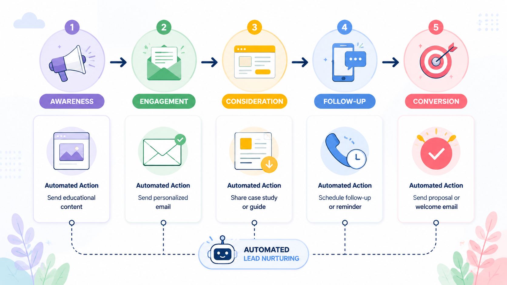 A five-step diagram illustrating the lead nurturing process from initial awareness to final customer conversion.
