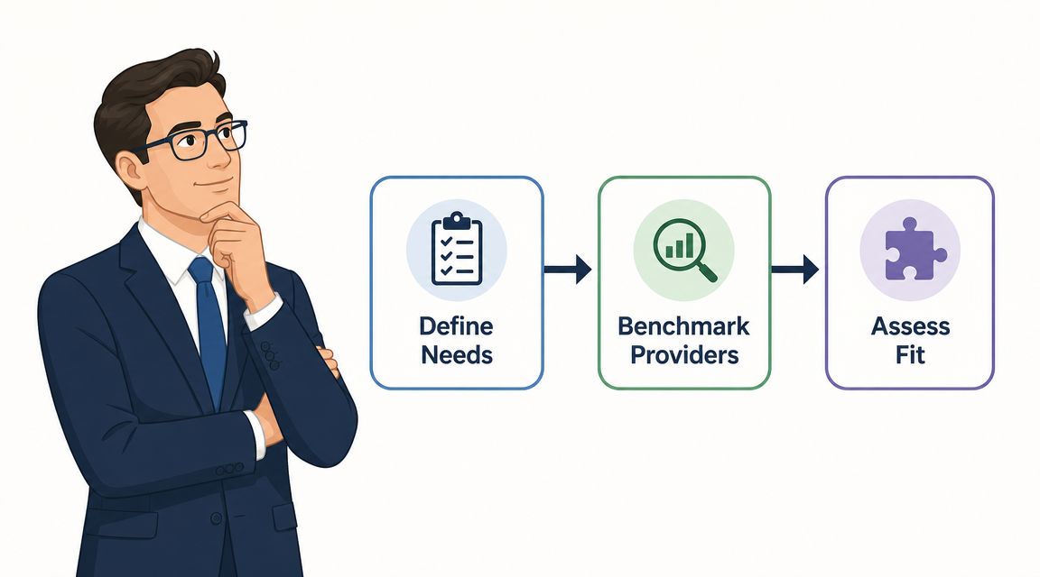 A professional man thinking next to a three-step business process diagram about needs, benchmarking, and fit.