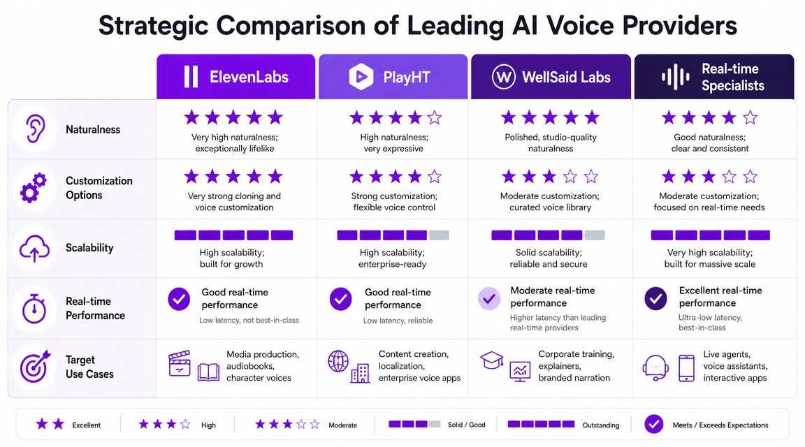 A comparison chart outlining features and performance of top AI voice generation software providers.