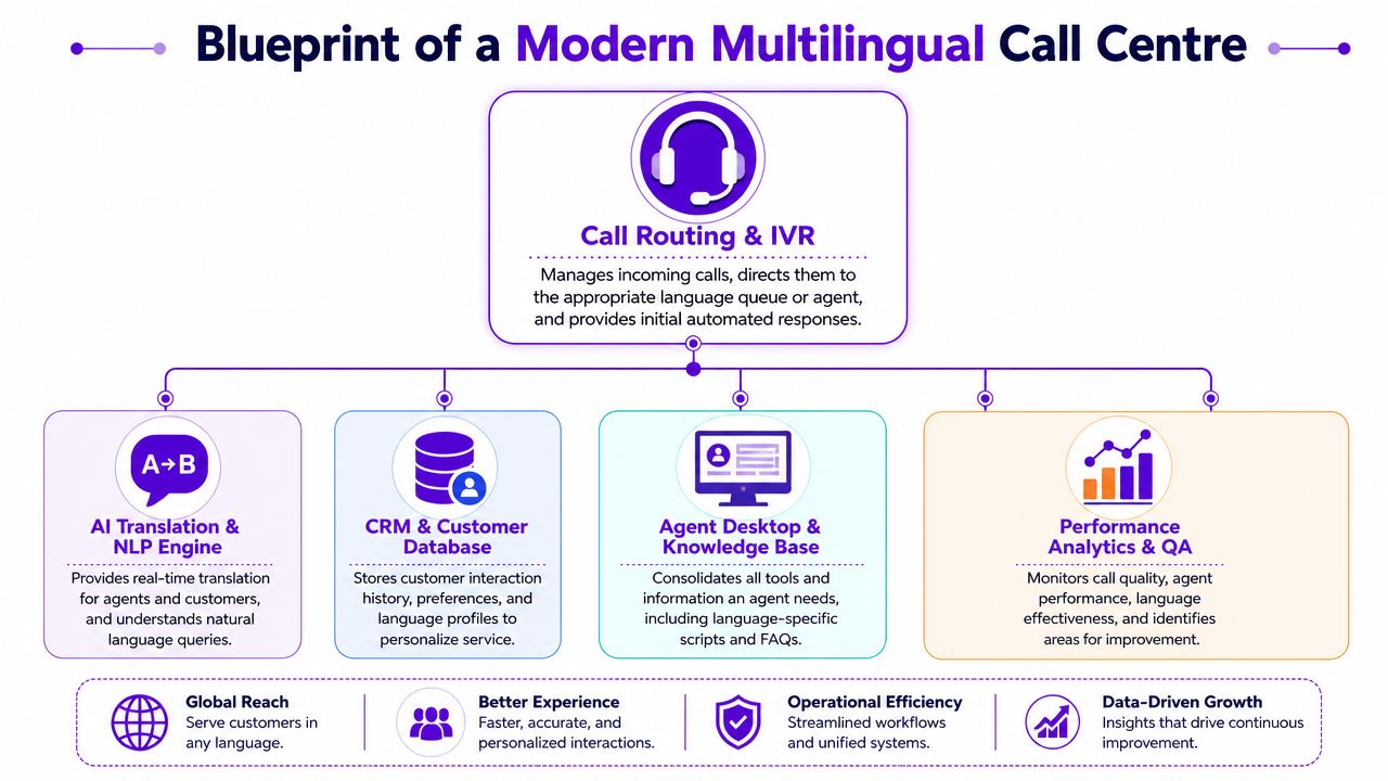 A diagram illustrating the core components and benefits of a modern multilingual call center operational structure.