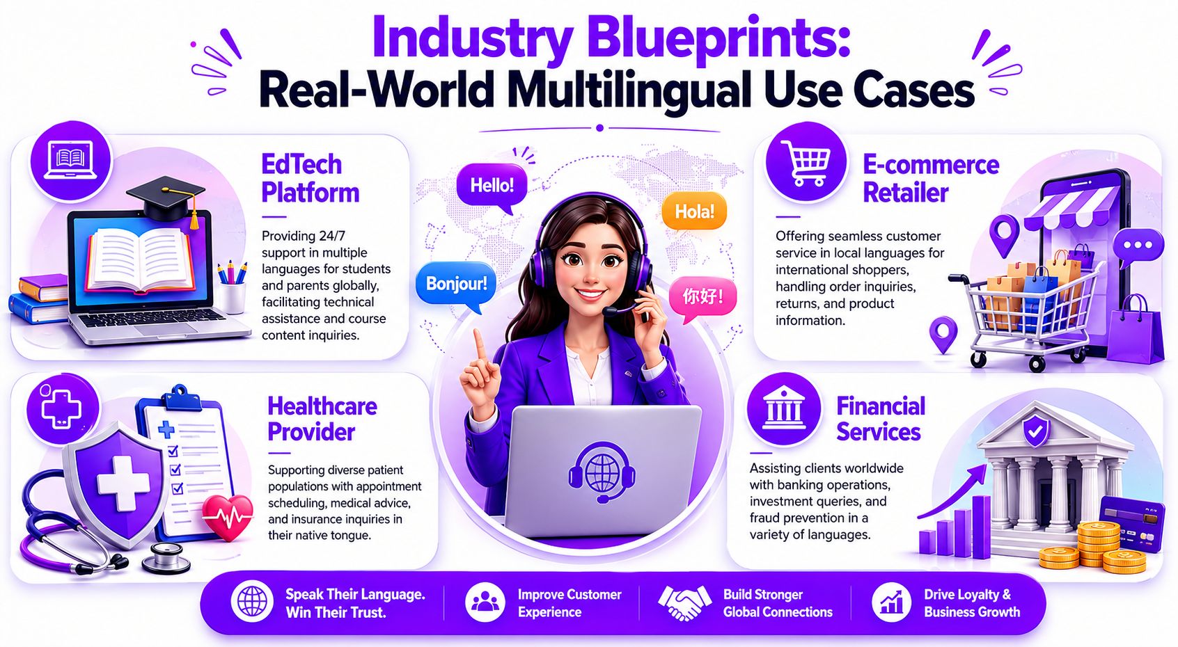 An infographic showing real-world multilingual use cases for industries like EdTech, e-commerce, healthcare, and financial services.