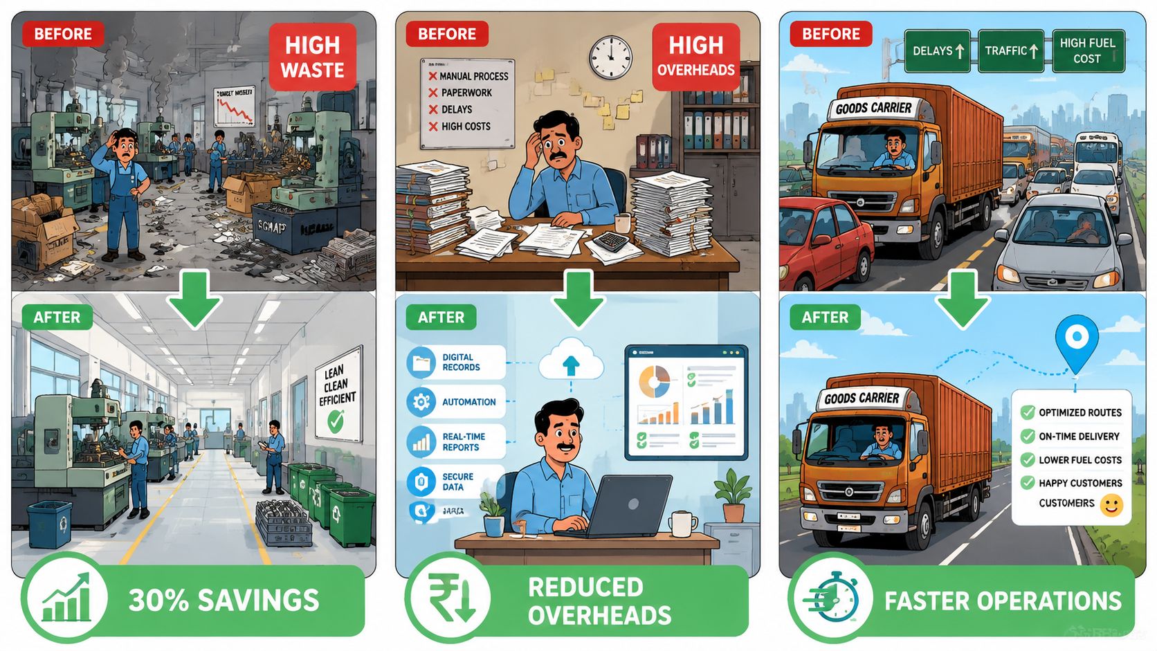 An infographic illustrating operational cost reduction through improved manufacturing, digital office processes, and optimized transportation logistics.