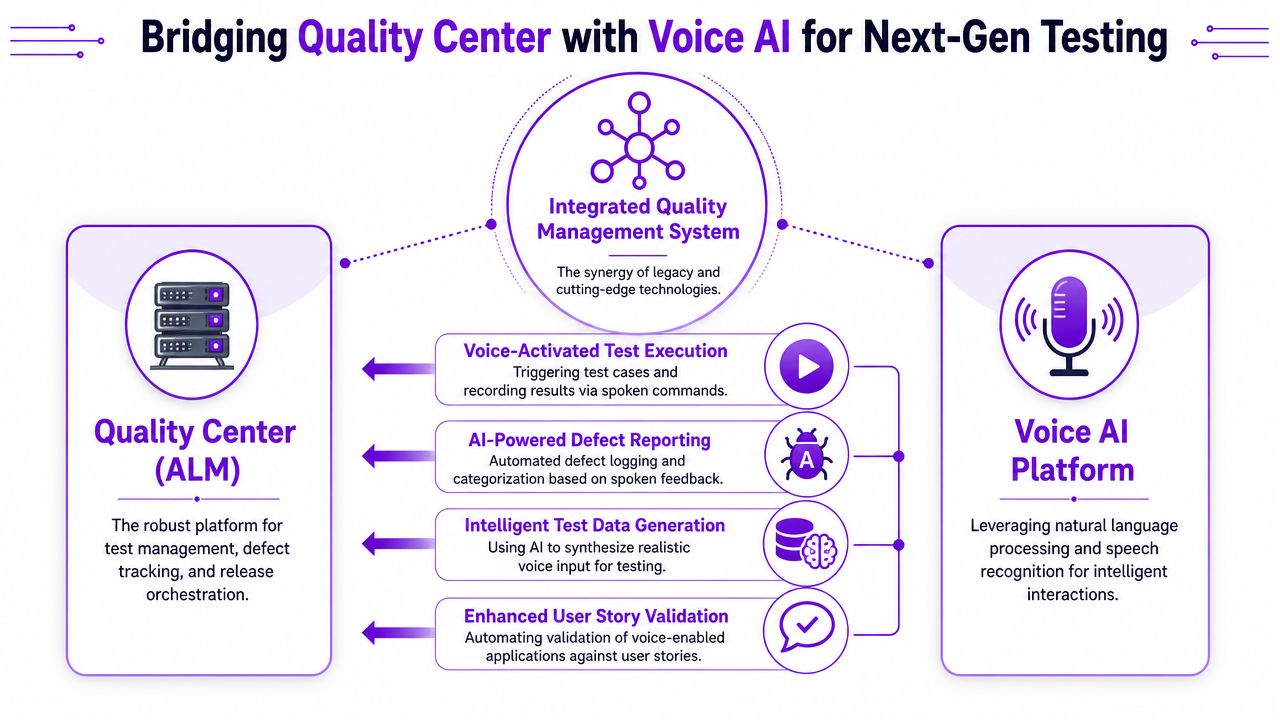 A diagram illustrating the integration of Quality Center ALM software with Voice AI platforms for testing.