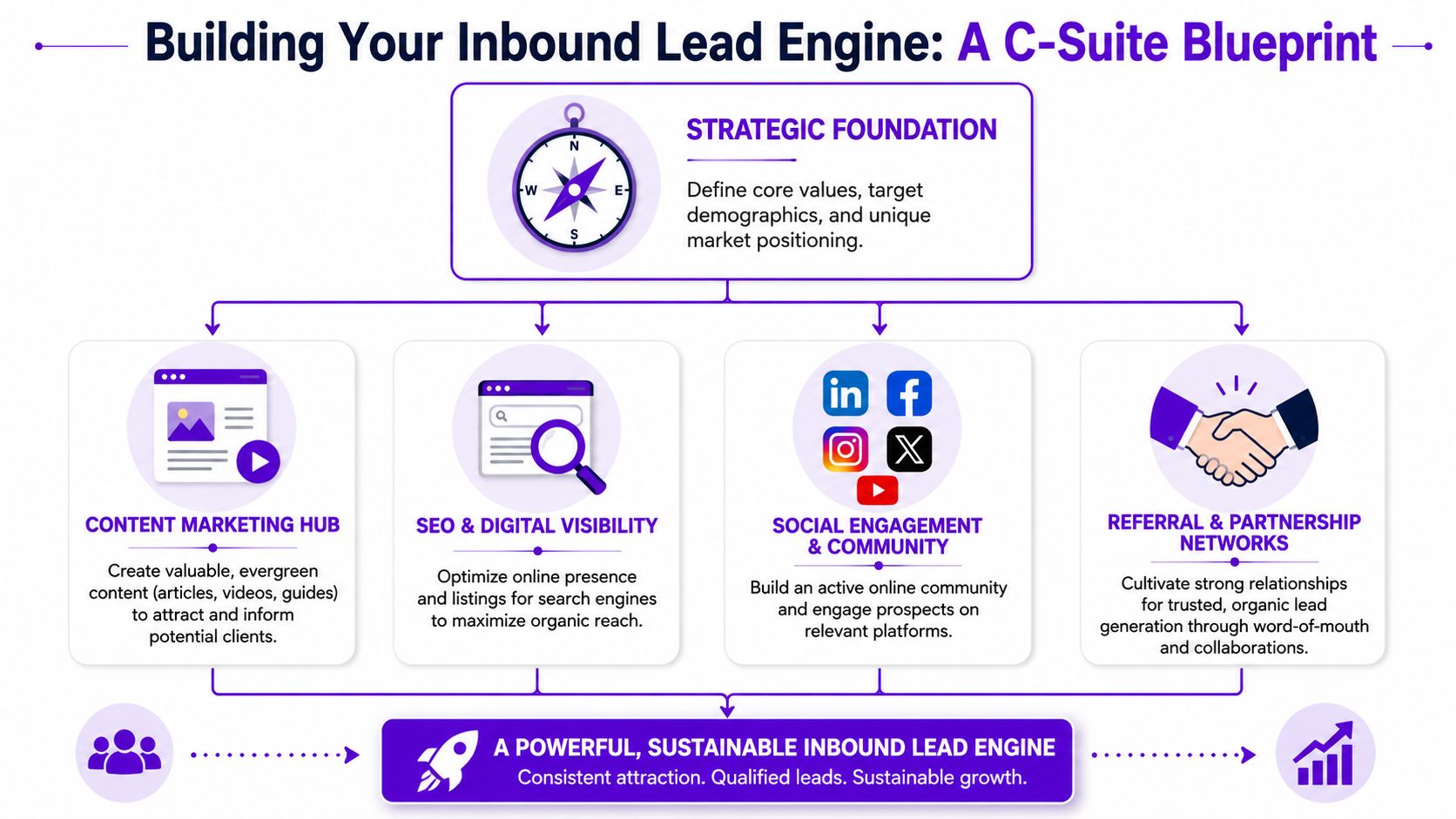 A strategic flowchart showing how to build an inbound lead engine through content, SEO, social, and networking.