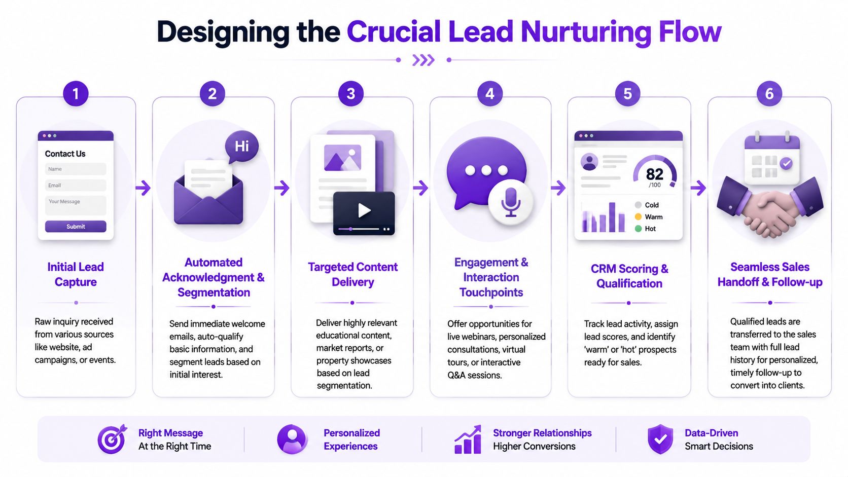A six-step infographic illustrating a strategic lead nurturing flow for real estate and business sales conversion.