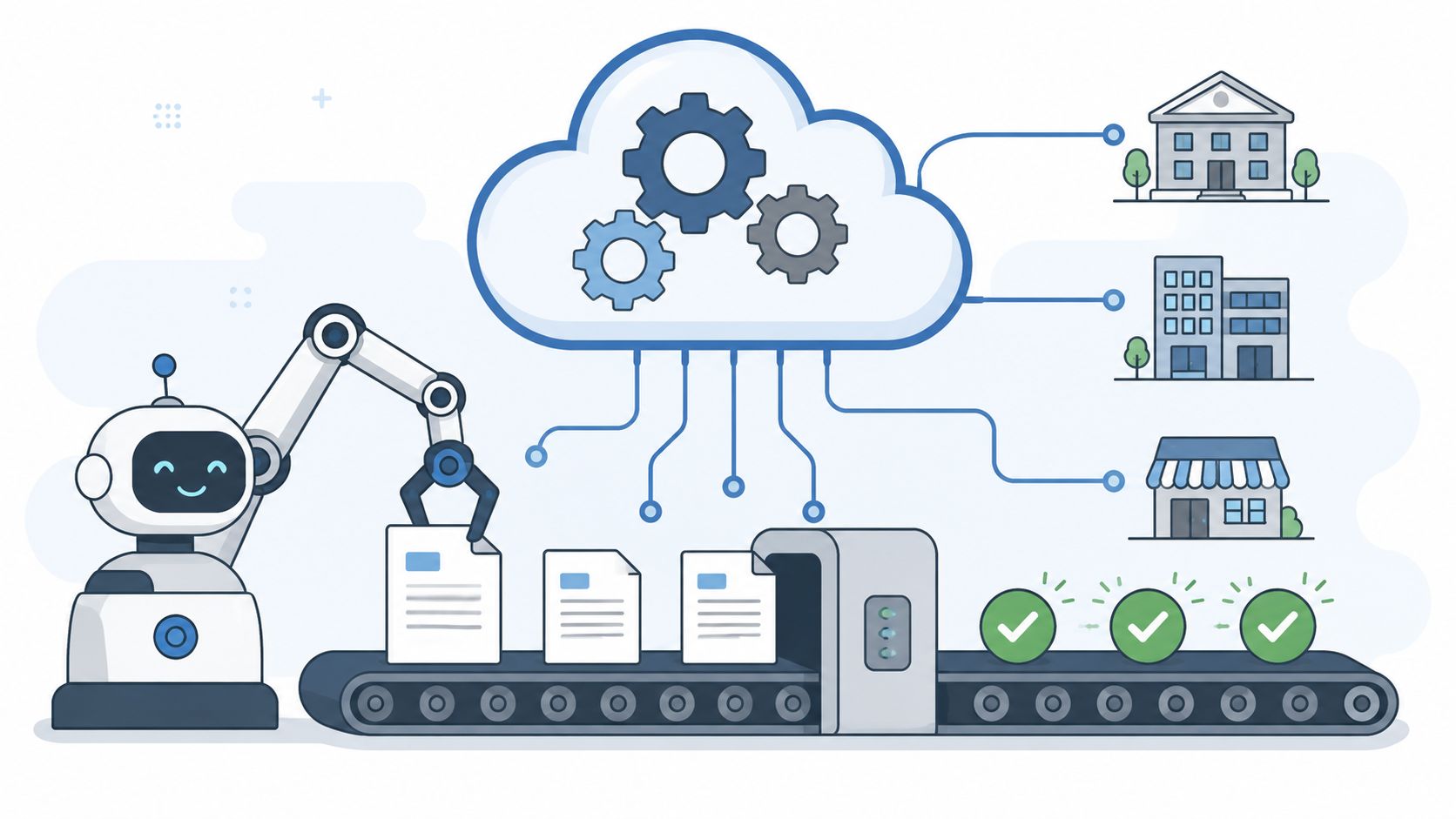 A friendly robot processing digital documents on a conveyor belt connected to a cloud computing network.