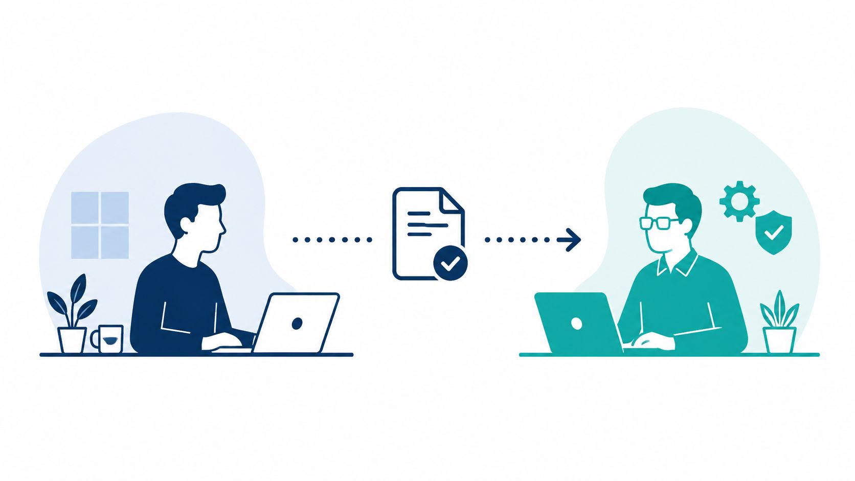 A professional illustration showing a person sending a document to another person for review and processing.