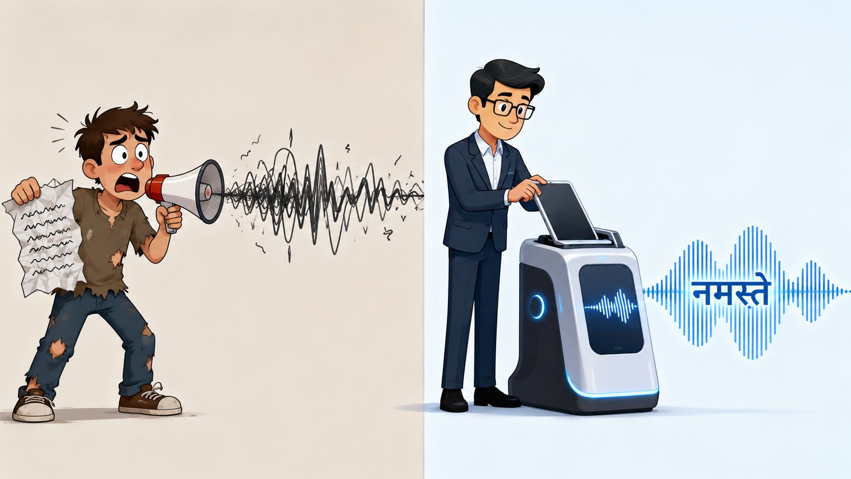 A split image contrasting a disheveled person shouting into a megaphone and a professional using AI technology.