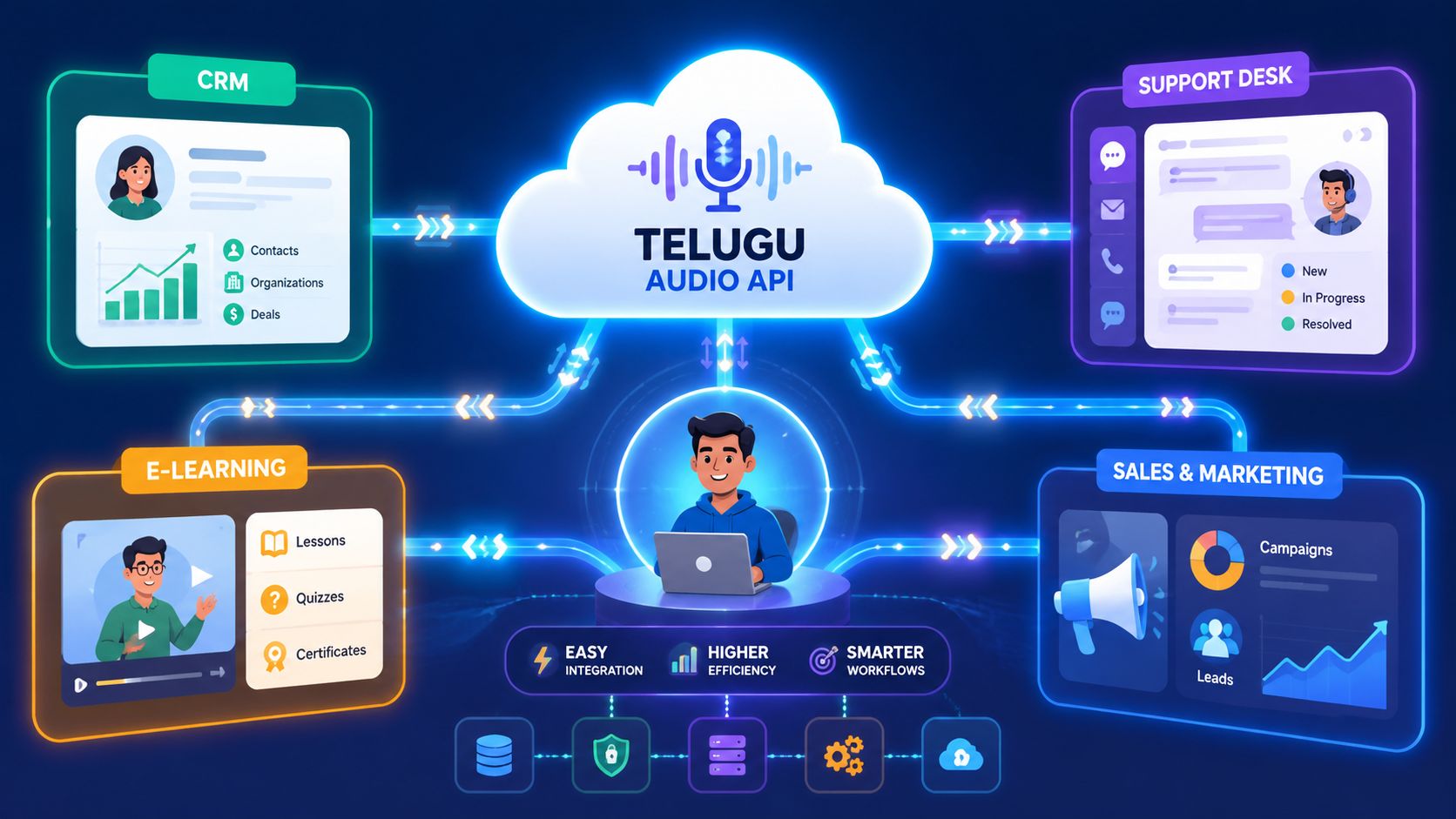 A digital illustration showing a Telugu Audio API connecting CRM, Support Desk, E-learning, and Sales platforms together.