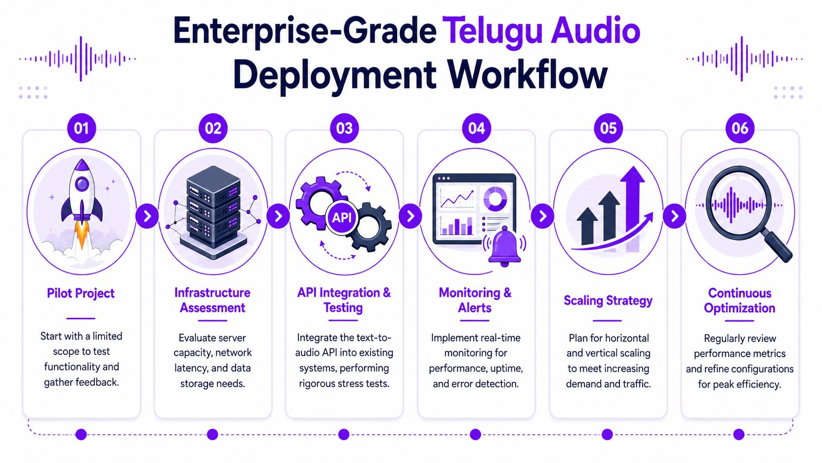 A six-step workflow infographic illustrating the process for deploying enterprise-grade Telugu audio systems and software solutions.