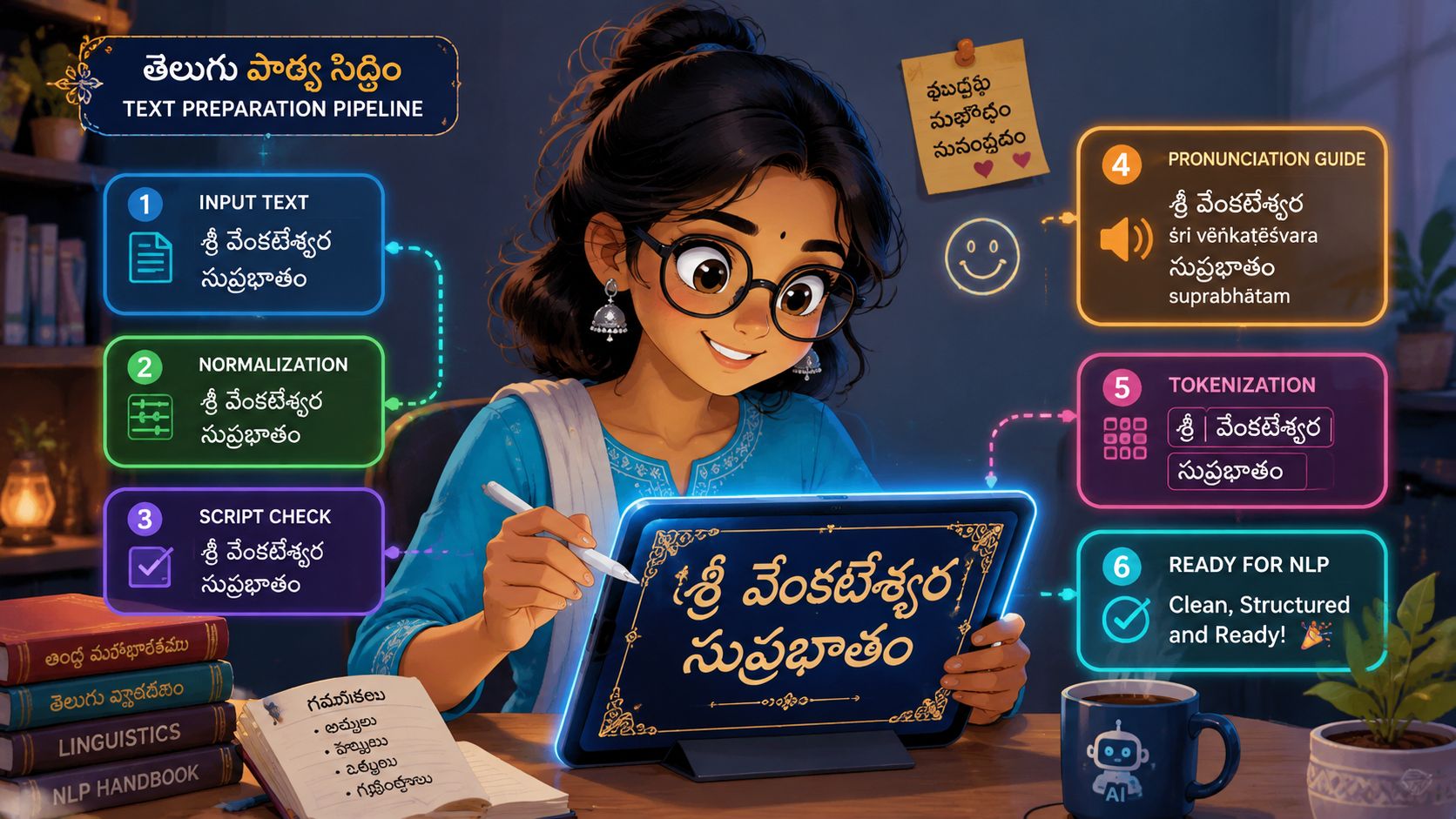 A digital illustration showing a girl working on a Telugu text preparation pipeline for NLP processing.