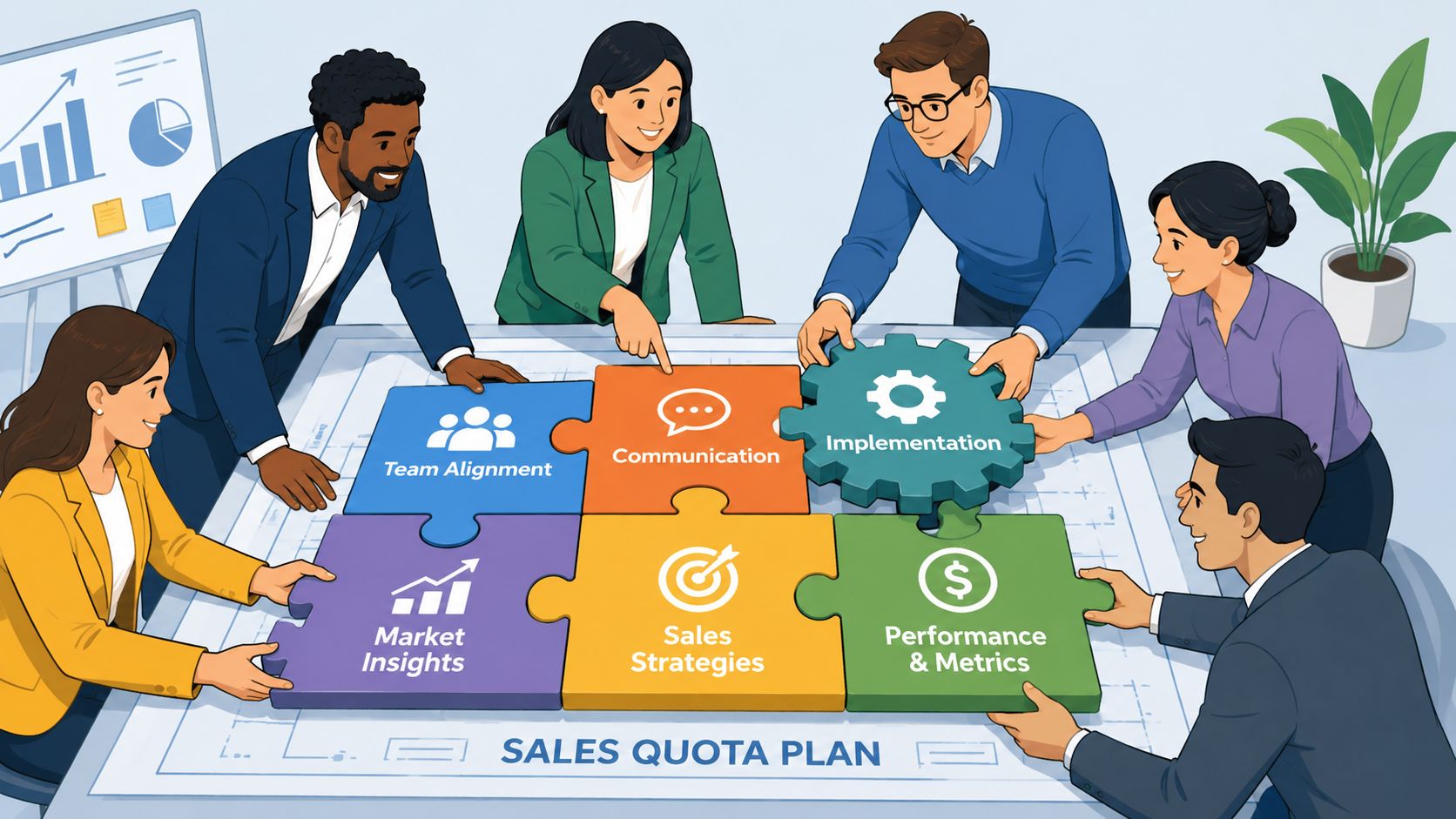 A diverse business team collaborating on a puzzle representing the key components of a sales quota plan.