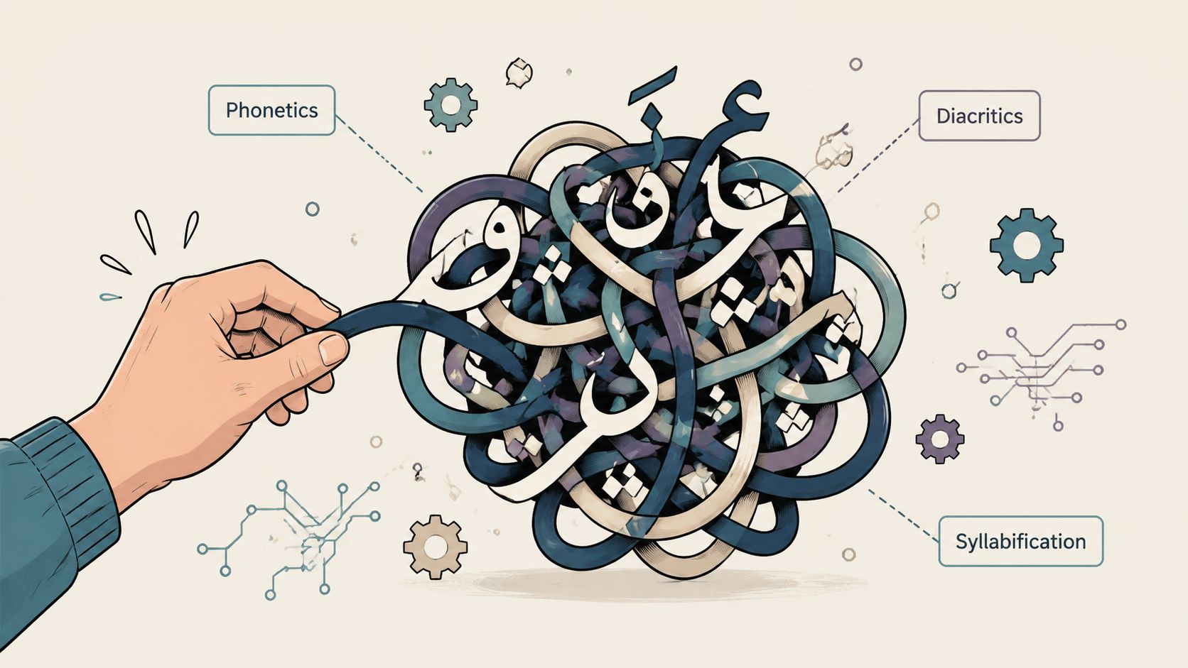 A hand pulling a single thread from a complex knot of Arabic calligraphy with technical icons.