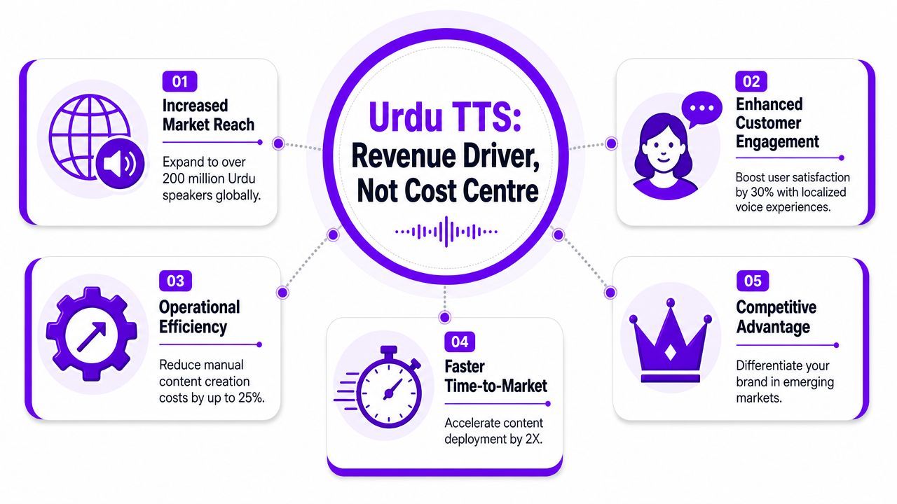 A diagram highlighting five key benefits of adopting Urdu text to speech for business growth and efficiency.