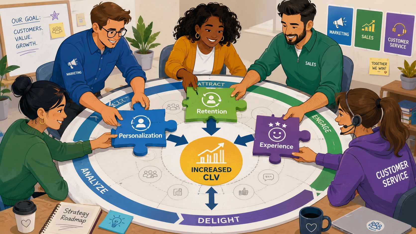 A diverse team collaboratively fitting puzzle pieces labeled personalization, retention, and experience to increase customer lifetime value.