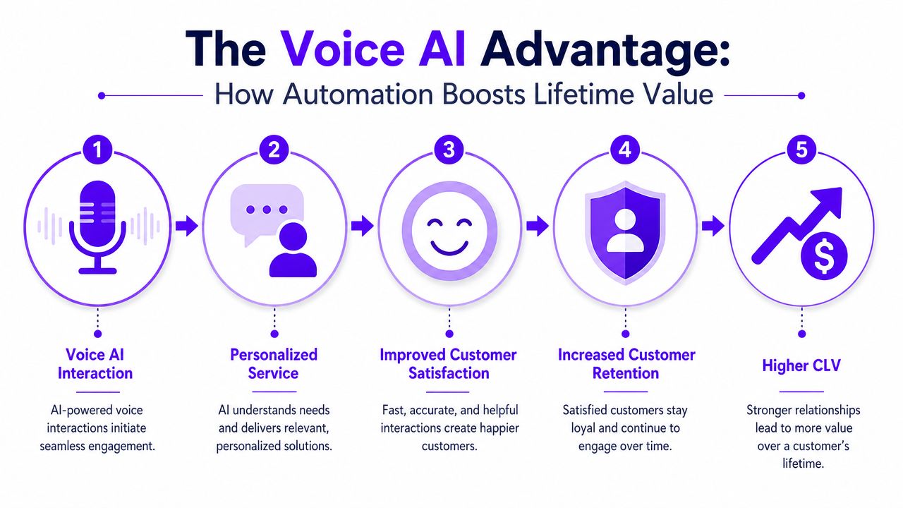 A five-step infographic showing how Voice AI automation leads to higher customer lifetime value.