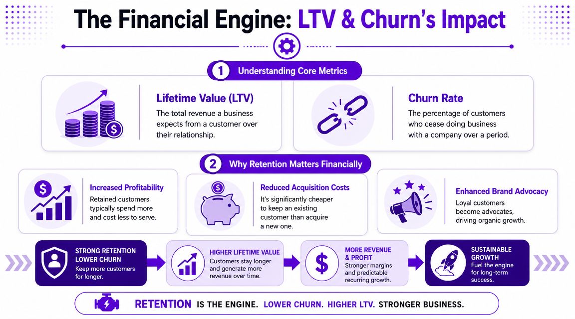 An infographic showing how customer retention improves lifetime value and business growth through lower churn rates.