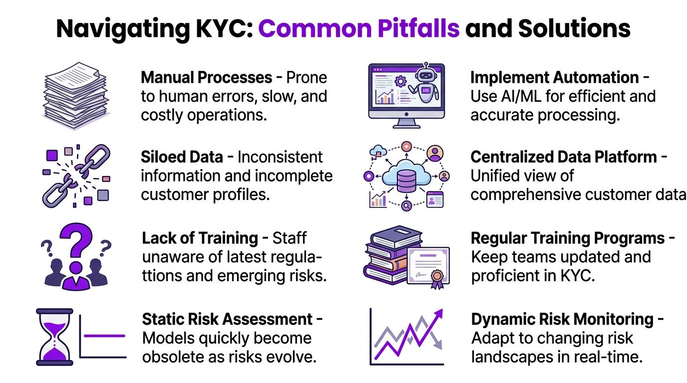 An infographic titled Navigating KYC highlighting common compliance pitfalls and their corresponding solutions for businesses.