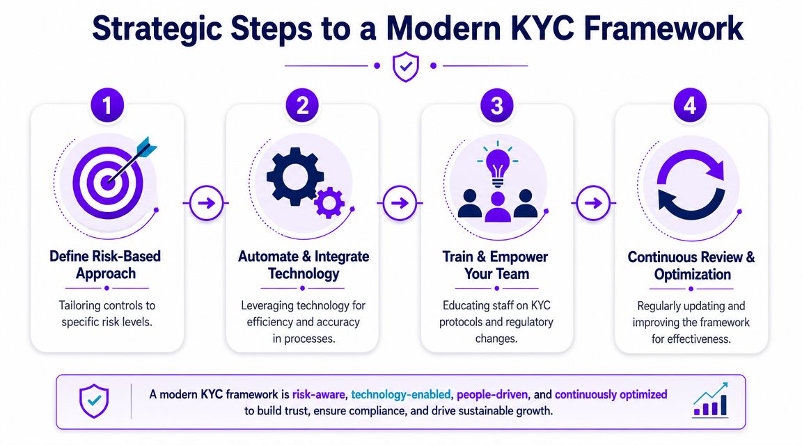 An infographic showing four strategic steps to build a modern KYC compliance framework for business processes.