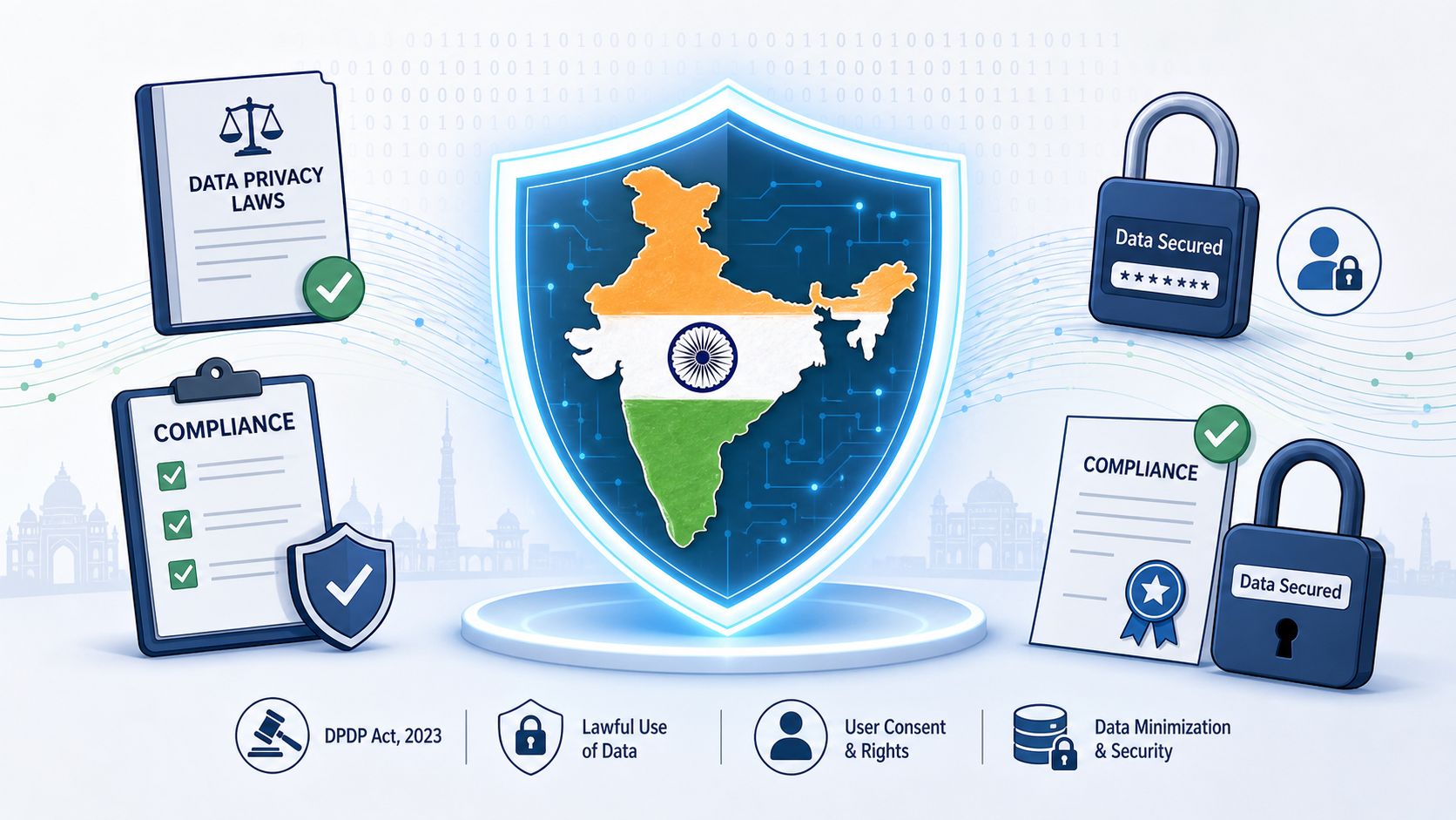 A digital illustration representing India's data privacy compliance with a map shield, digital locks, and legal icons.