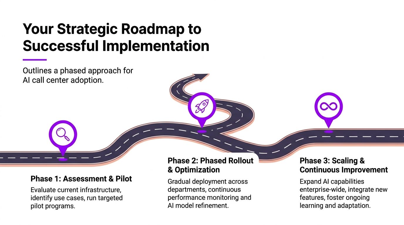 A strategic roadmap infographic for implementing AI in call centers through three distinct deployment phases.