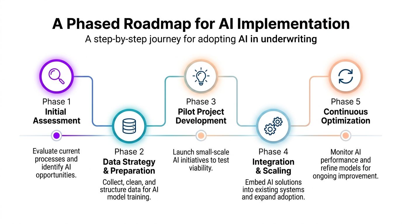 A five-phase infographic roadmap illustrating the step-by-step journey for adopting artificial intelligence in insurance underwriting processes.