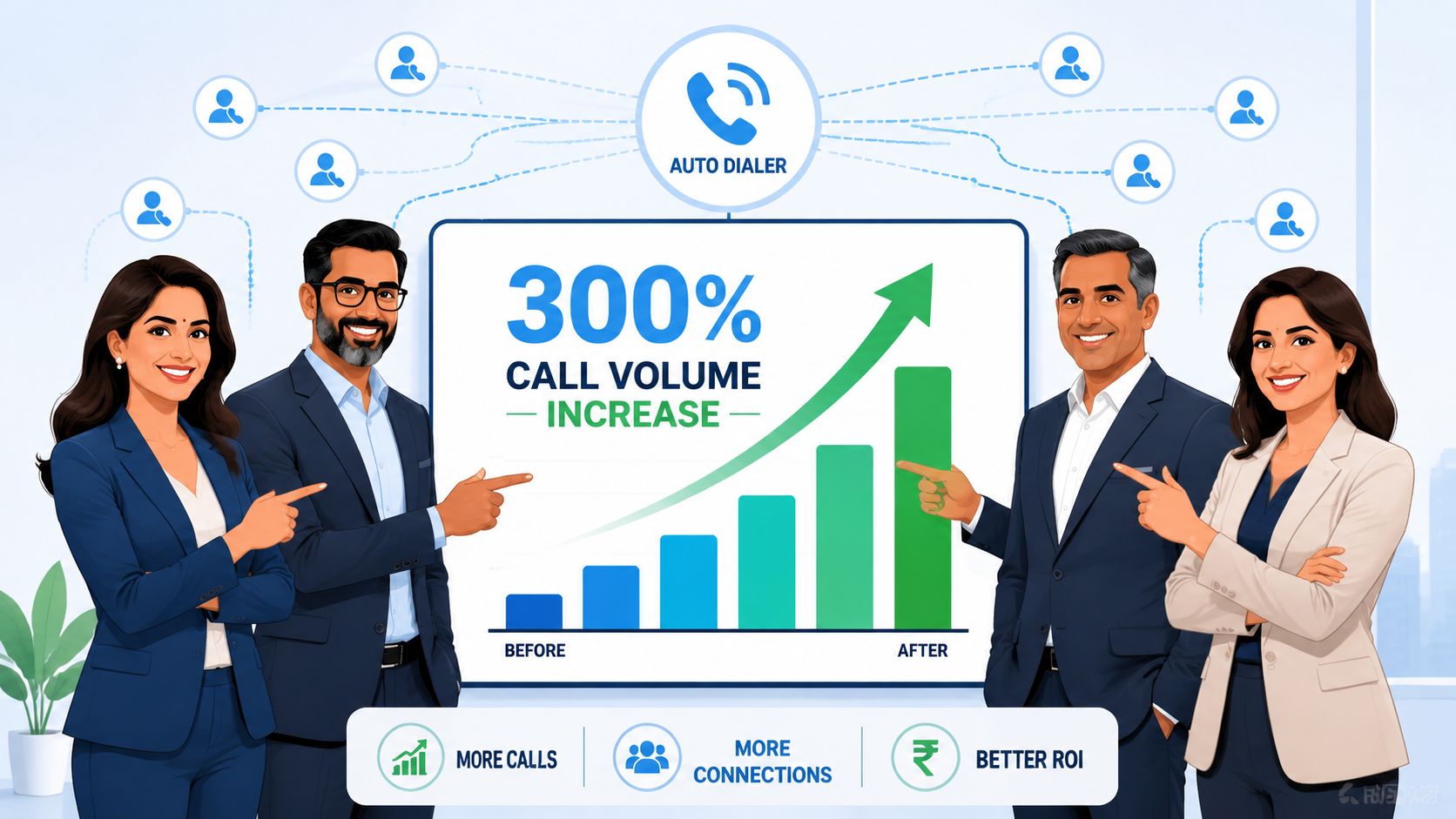 A professional team showing a chart illustrating a three hundred percent increase in call volume via auto dialer.