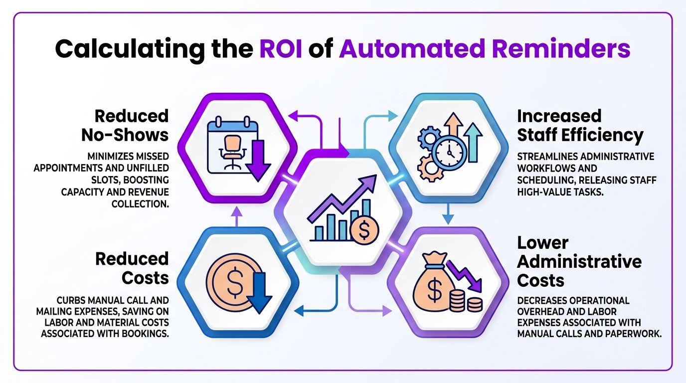 A diagram illustrating how automated appointment reminders provide return on investment through increased efficiency and reduced costs.