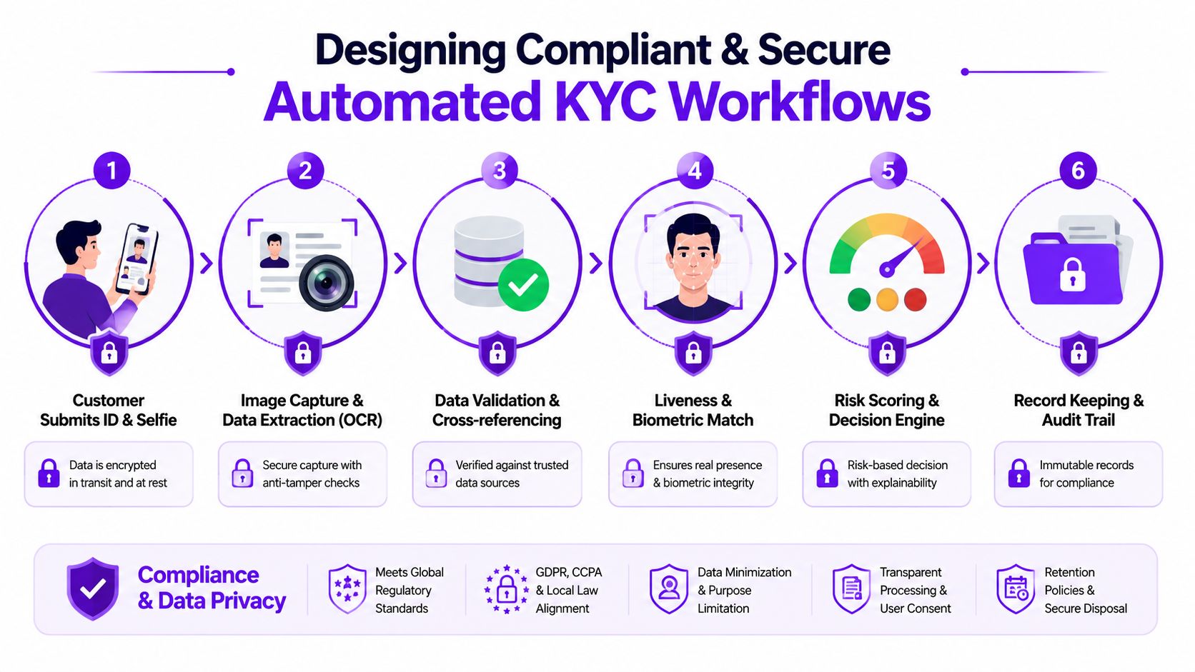 A six-step infographic explaining the automated KYC verification process for secure and compliant customer onboarding.