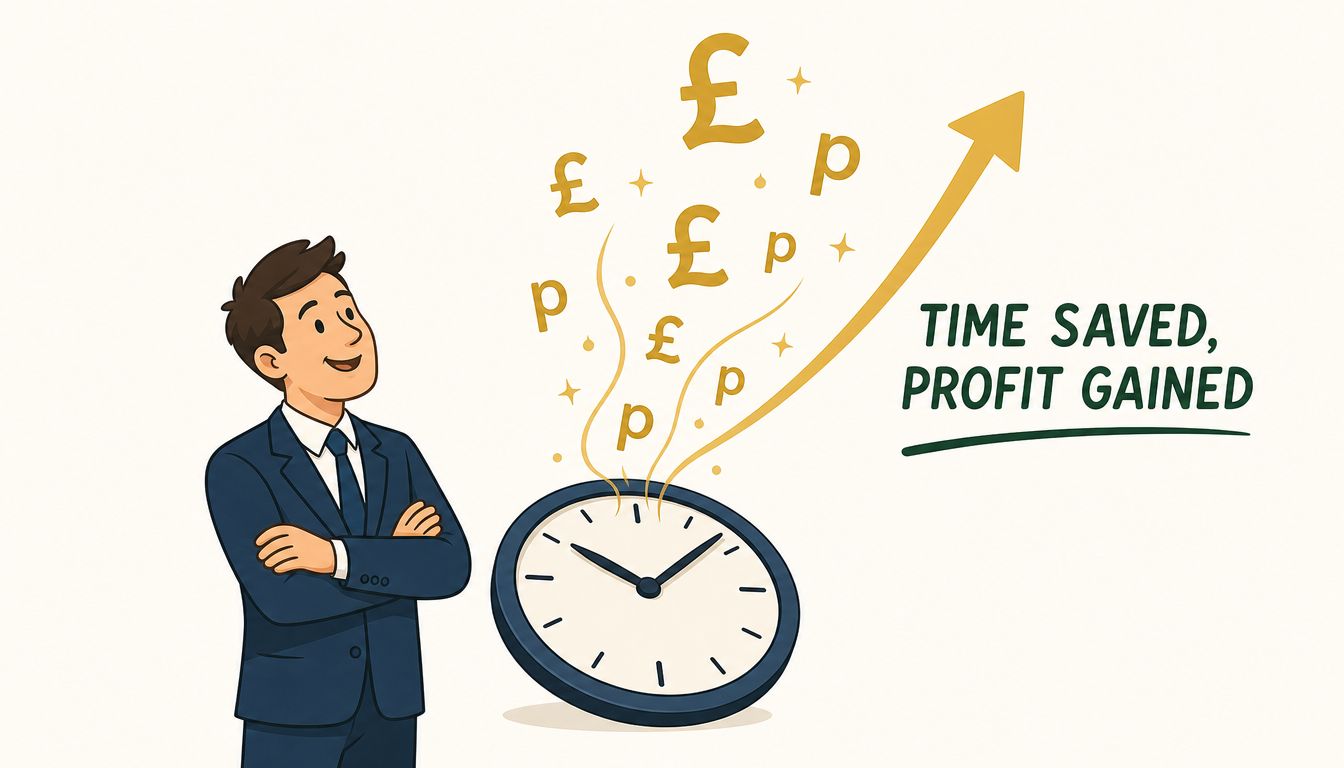 A professional man in a suit looking at a clock releasing British pound and penny symbols.