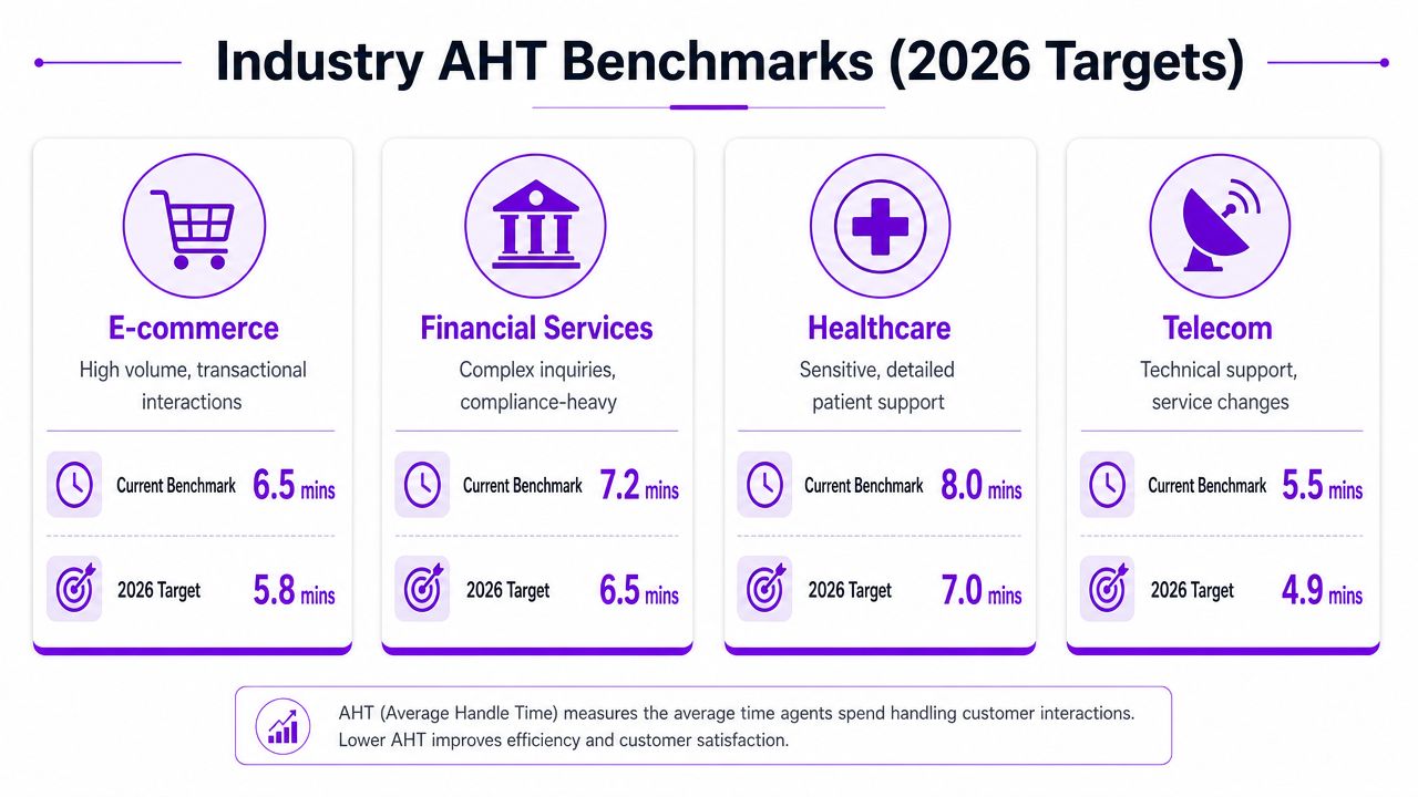 A chart showing industry benchmarks and 2026 targets for Average Handle Time in four different business sectors.