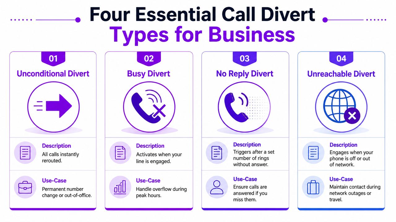 An infographic showing four essential business call divert types including unconditional, busy, no reply, and unreachable divert options.