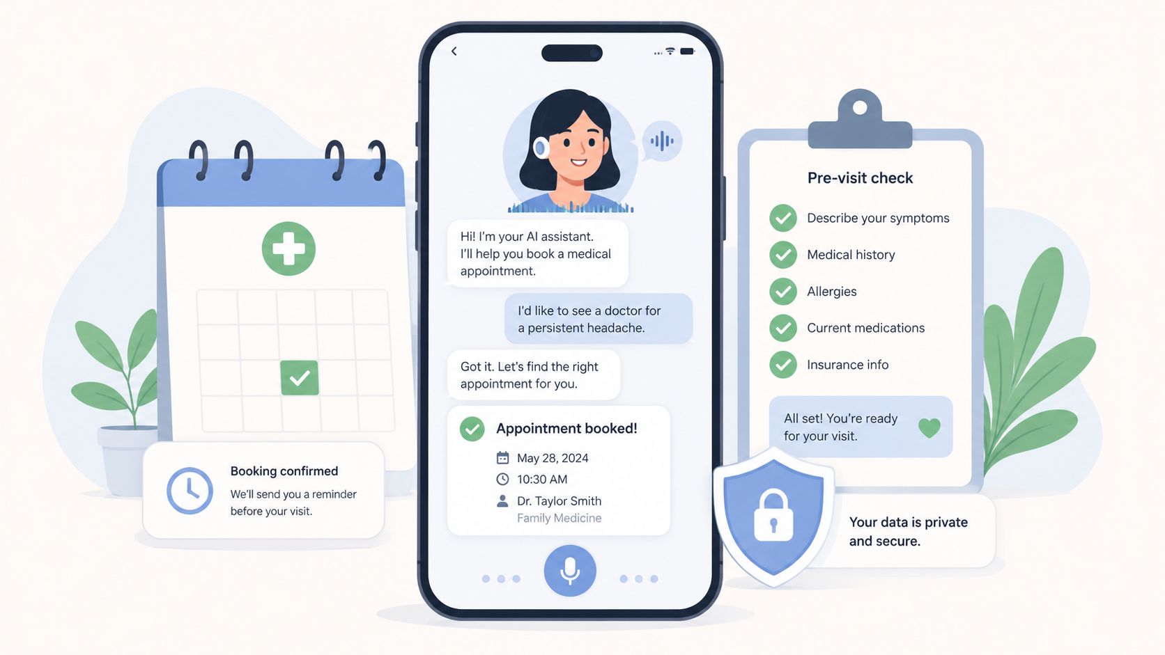 A digital illustration showing a smartphone with an AI assistant app for booking medical appointments and visits.