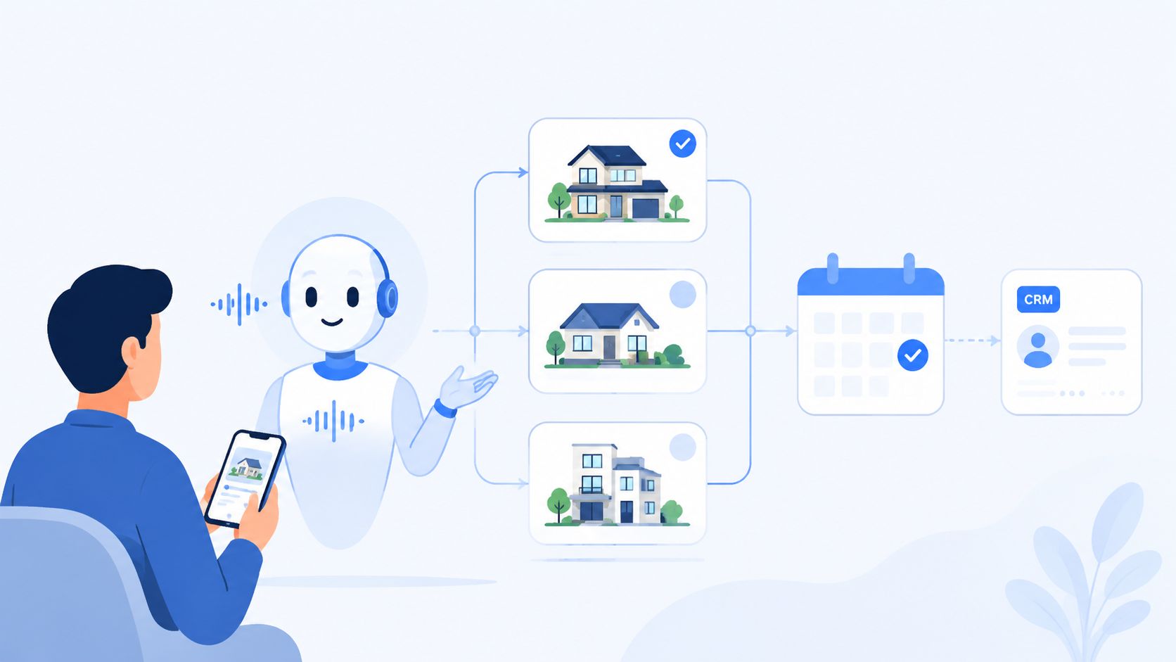 A digital illustration of a man interacting with a conversational AI agent to schedule real estate appointments.